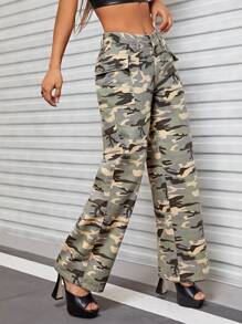 SHEIN ICON 迷彩印花高腰闊腿牛仔褲 - 卡其色 - 查看 1