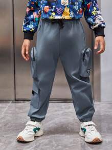 SHEIN 男小童休閒寬鬆適合街頭風慢跑者工裝褲帶字母貼布,拉鍊,口袋,腰部抽繩,適用於秋天和冬天 - 霧霾藍 - 查看 6