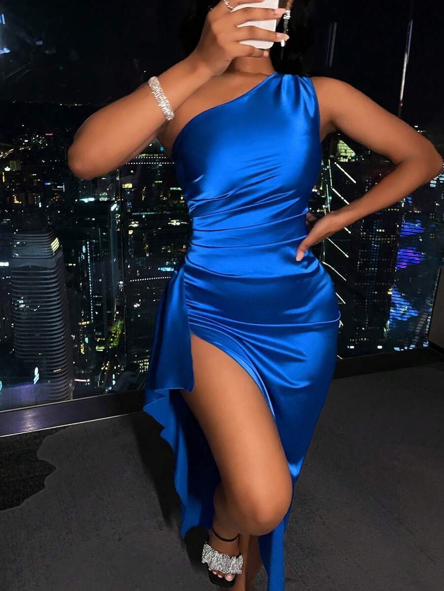 Allurite One Shoulder Ruched Side Draped Asymmetrical Hem Satin Dress - Royal Blue - View 1