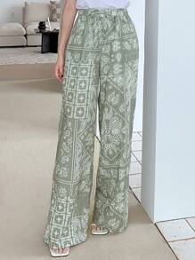 DAZY Paisley Print Wide Leg Pants - Green - View 1