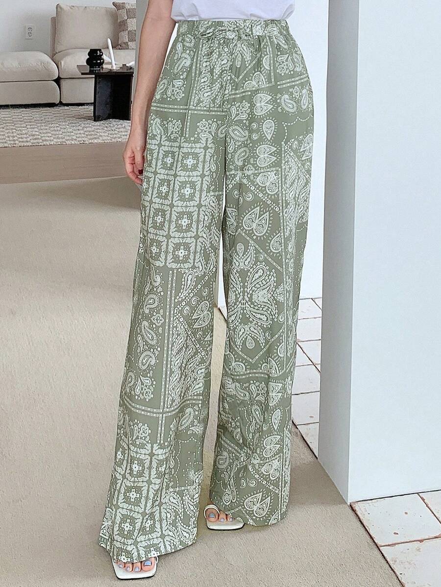 DAZY Paisley Print Wide Leg Pants - Green - View 1