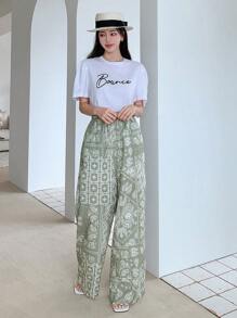 DAZY Paisley Print Wide Leg Pants - Green - View 6