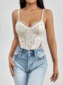 SHEIN Privé 花卉刺繡蕾絲邊吊帶連體衣 - 彩色 - 查看 1