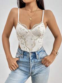 SHEIN Privé 花卉刺繡蕾絲邊吊帶連體衣 - 彩色 - 查看 5