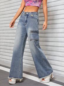 SHEIN ICON Túi nắp bên cạnh quần ống rộng Quần jean - Rửa trung bình - Xem 4