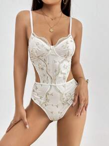 SHEIN Privé 花卉刺繡蕾絲邊吊帶連體衣 - 彩色 - 查看 6