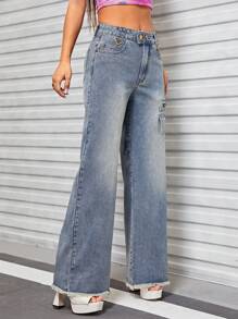 SHEIN ICON Túi nắp bên cạnh quần ống rộng Quần jean - Rửa trung bình - Xem 5