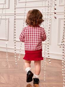 SHEIN Baby Girl Color Block Loose Fit Turn-Down Collar Houndstooth Coat Elastic Waist Ruffle Hem Dress Set - Red and White - View 2