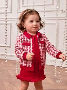 SHEIN Baby Girl Color Block Loose Fit Turn-Down Collar Houndstooth Coat Elastic Waist Ruffle Hem Dress Set - Red and White - View 3