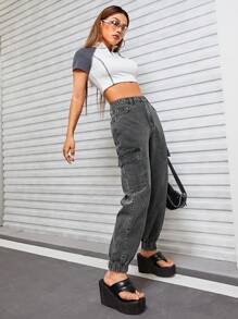 SHEIN ICON Flap Pocket Side Cargo Jeans - Grey - View 1
