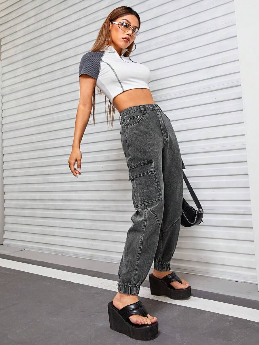 SHEIN ICON Klaff Ficka vid Sidan Cargo Jeans - Grå - Visa 1