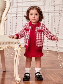 SHEIN Baby Girl Color Block Loose Fit Turn-Down Collar Houndstooth Coat Elastic Waist Ruffle Hem Dress Set - Red and White - View 4