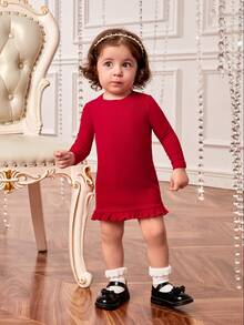 SHEIN Baby Girl Color Block Loose Fit Turn-Down Collar Houndstooth Coat Elastic Waist Ruffle Hem Dress Set - Red and White - View 5