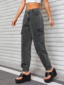 SHEIN ICON Flap Pocket Side Cargo Jeans - Grey - View 3