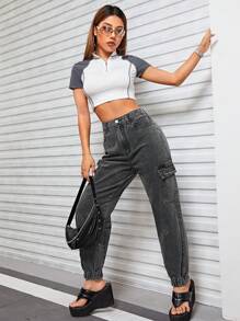 SHEIN ICON Flap Pocket Side Cargo Jeans - Grey - View 4