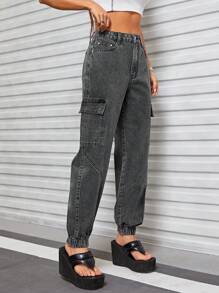 SHEIN ICON Flap Pocket Side Cargo Jeans - Grey - View 6