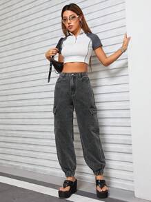 SHEIN ICON Flap Pocket Side Cargo Jeans - Grey - View 7