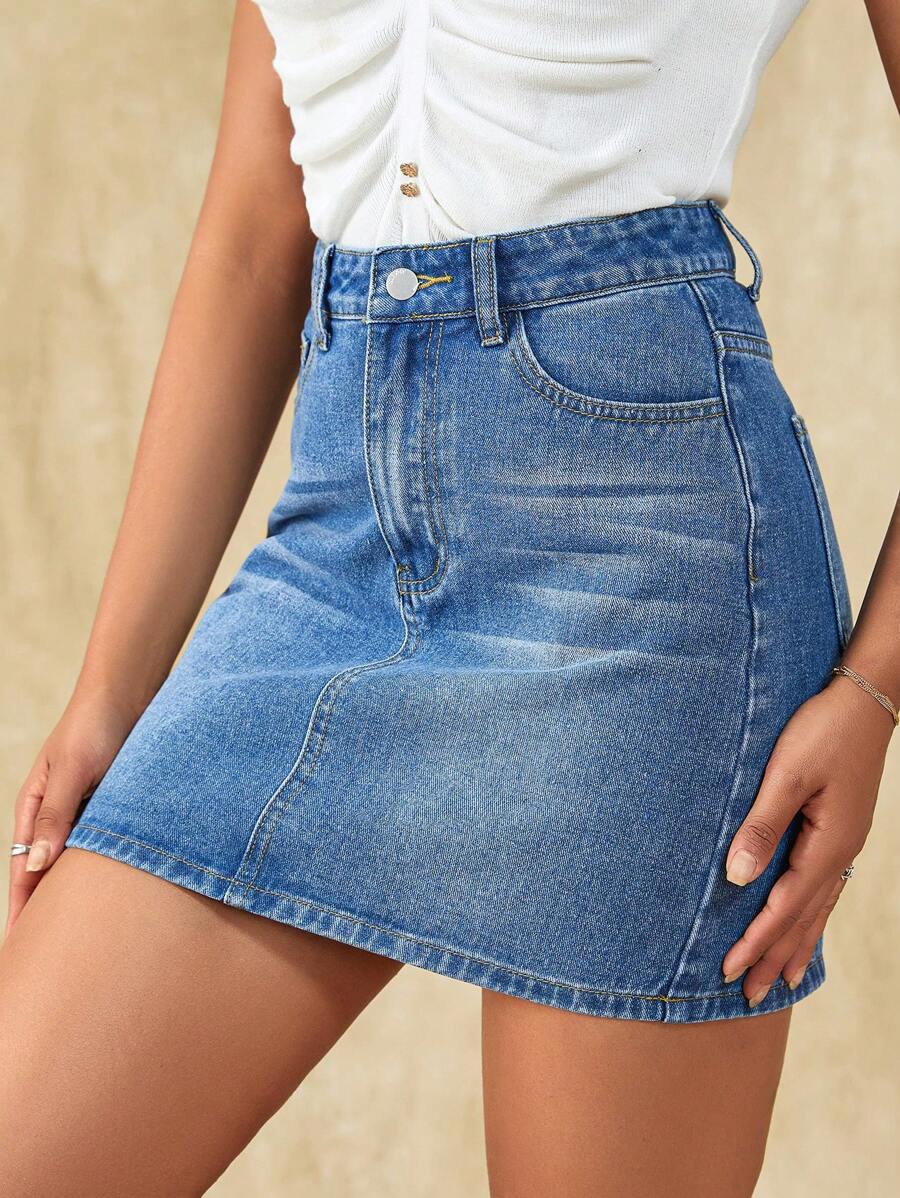 SHEIN Frenchy 高腰緊身牛仔半身裙 - 中等水洗藍 - 查看 1