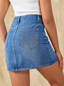 SHEIN Frenchy 高腰緊身牛仔半身裙 - 中等水洗藍 - 查看 2