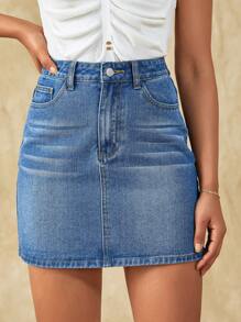 SHEIN Frenchy 高腰緊身牛仔半身裙 - 中等水洗藍 - 查看 5