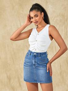 SHEIN Frenchy 高腰緊身牛仔半身裙 - 中等水洗藍 - 查看 6