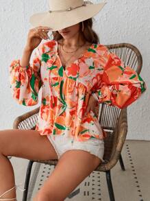 SHEIN VCAY Floral Print Tie Neck Lantern Sleeve Ruffle Hem Blouse - Multicolor - View 3