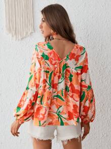 SHEIN VCAY Floral Print Tie Neck Lantern Sleeve Ruffle Hem Blouse - Multicolor - View 2