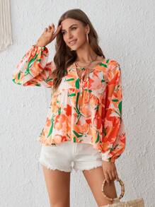 SHEIN VCAY Floral Print Tie Neck Lantern Sleeve Ruffle Hem Blouse - Multicolor - View 4