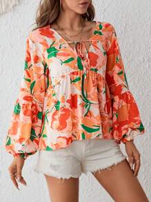 SHEIN VCAY Floral Print Tie Neck Lantern Sleeve Ruffle Hem Blouse - Multicolor - View 1