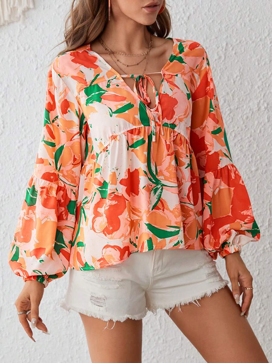 SHEIN VCAY Floral Print Tie Neck Lantern Sleeve Ruffle Hem Blouse - Multicolor - View 1