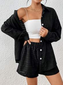 SHEIN Essnce Drop Shoulder Shirt & Knot Front Shorts - Black - View 4