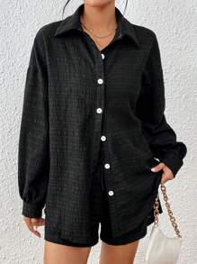 SHEIN Essnce Drop Shoulder Shirt & Knot Front Shorts - Black - View 6