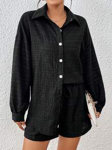 SHEIN Essnce Drop Shoulder Shirt & Knot Front Shorts - Black - View 7