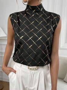 Chiquease Gold Argyle Print Mock Neck Sleeveless Blouse - Black - View 1