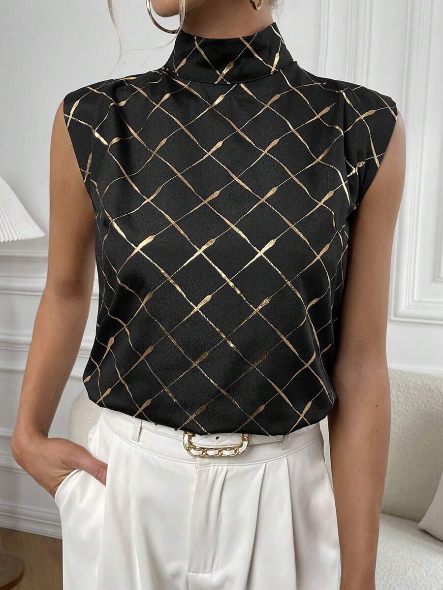 Chiquease Gold Argyle Print Mock Neck Sleeveless Blouse - Black - View 1
