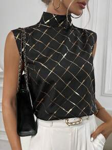 Chiquease Gold Argyle Print Mock Neck Sleeveless Blouse - Black - View 3
