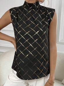 Chiquease Gold Argyle Print Mock Neck Sleeveless Blouse - Black - View 6