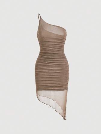 SHEIN Privé 單肩褶邊不對稱下擺網紗洋裝