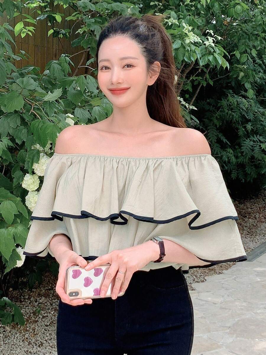 DAZY 撞色滾邊荷葉邊襯衫 - 彩色 - 查看 1