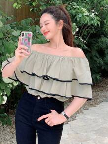 DAZY 撞色滾邊荷葉邊襯衫 - 彩色 - 查看 4