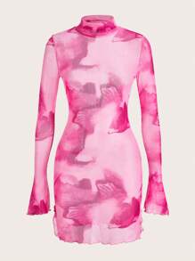 SHEIN ICON Tie Dye Mock Neck Lettuce Trim Mesh Bodycon 粉色迷你連身緊身裙 - 玫紅色 - 查看 1