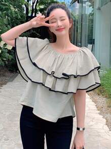 DAZY 撞色滾邊荷葉邊襯衫 - 彩色 - 查看 5