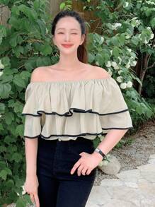 DAZY 撞色滾邊荷葉邊襯衫 - 彩色 - 查看 8