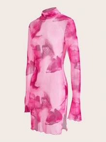 SHEIN ICON Tie Dye Mock Neck Lettuce Trim Mesh Bodycon 粉色迷你連身緊身裙 - 玫紅色 - 查看 5