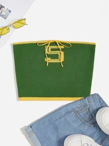 SHEIN EZwear 字母圖案撞色滾邊前打結抹胸針織上衣 - 綠色 - 查看 1