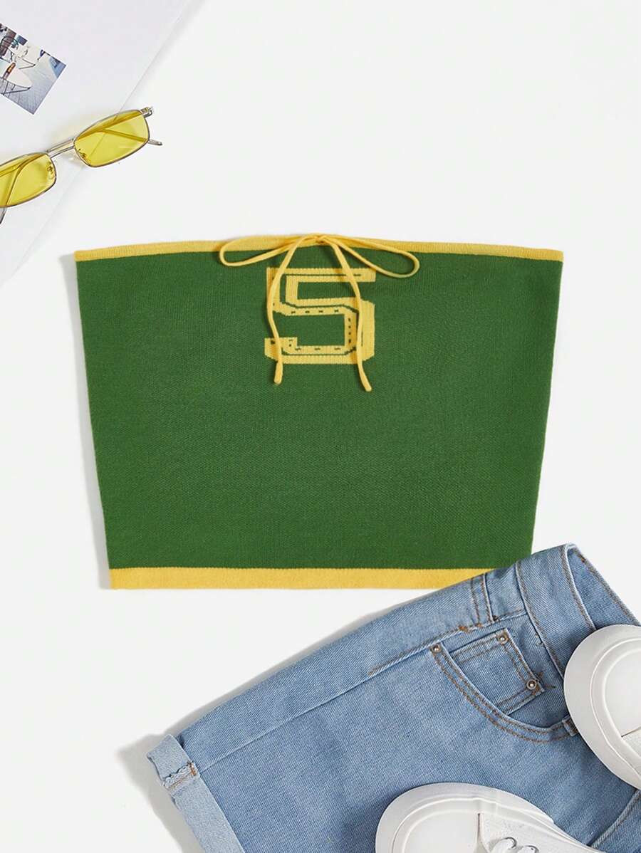 SHEIN EZwear 字母圖案撞色滾邊前打結抹胸針織上衣 - 綠色 - 查看 1