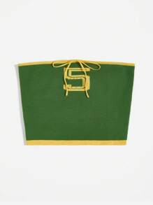 SHEIN EZwear 字母圖案撞色滾邊前打結抹胸針織上衣 - 綠色 - 查看 3