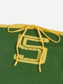 SHEIN EZwear 字母圖案撞色滾邊前打結抹胸針織上衣 - 綠色 - 查看 4