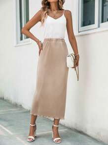 SHEIN SXY 素色條紋針織直筒半身裙 - 杏色 - 查看 4