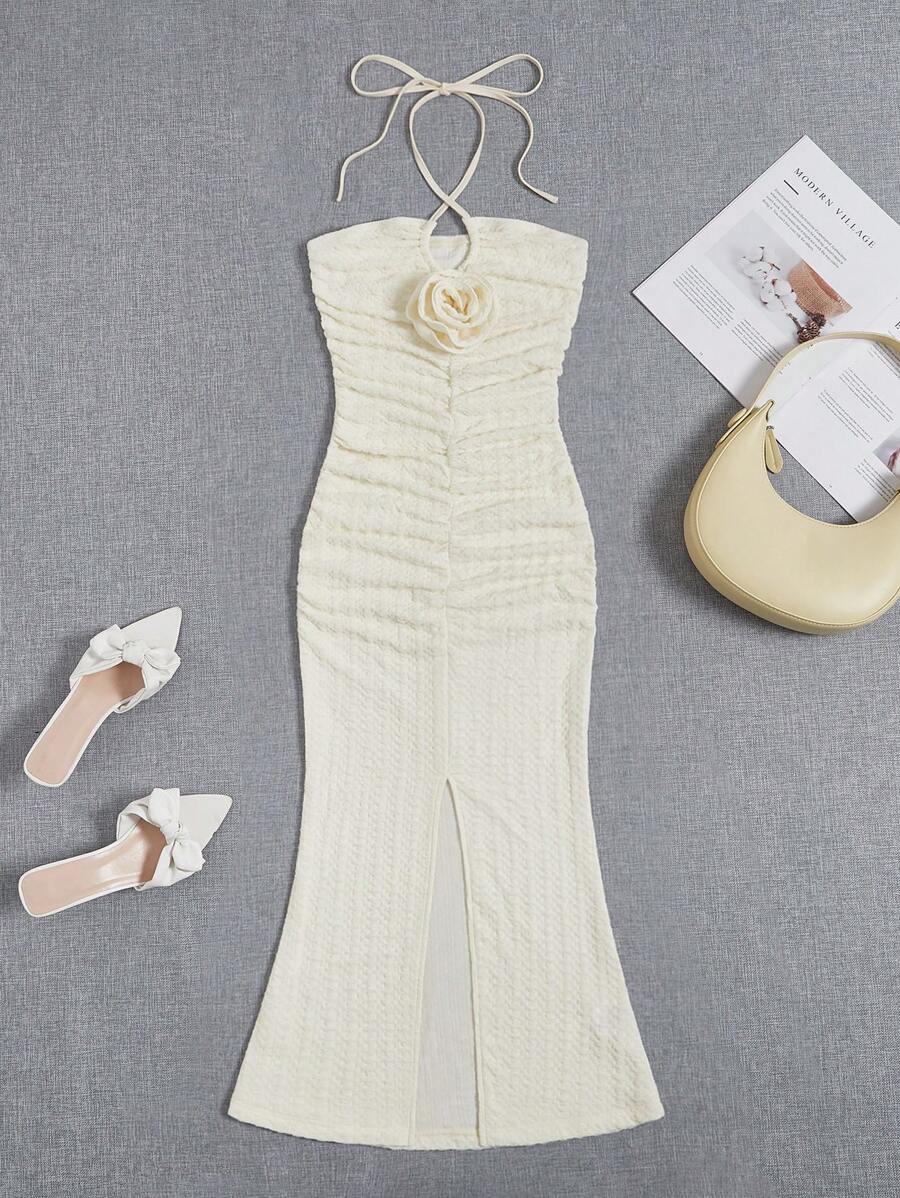 SHEIN VCAY Stereo Flower Tie Backless Split Thigh Halter Dress,White Graduation Dress - Beige - View 1